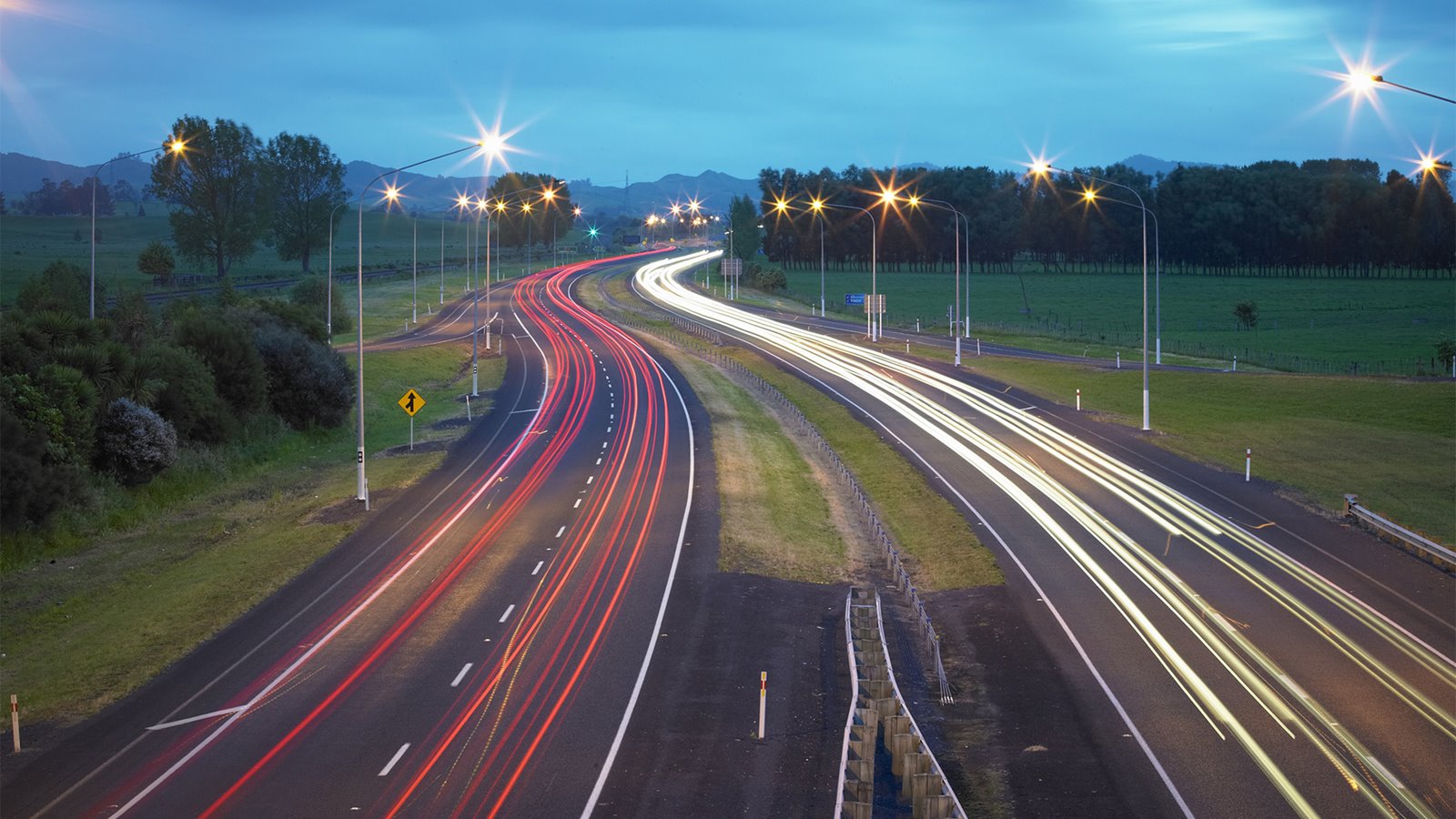 A timelapse photograph of the Waikato Expressway at night