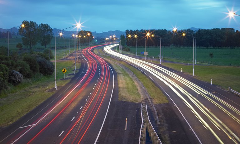 A timelapse photograph of the Waikato Expressway at night